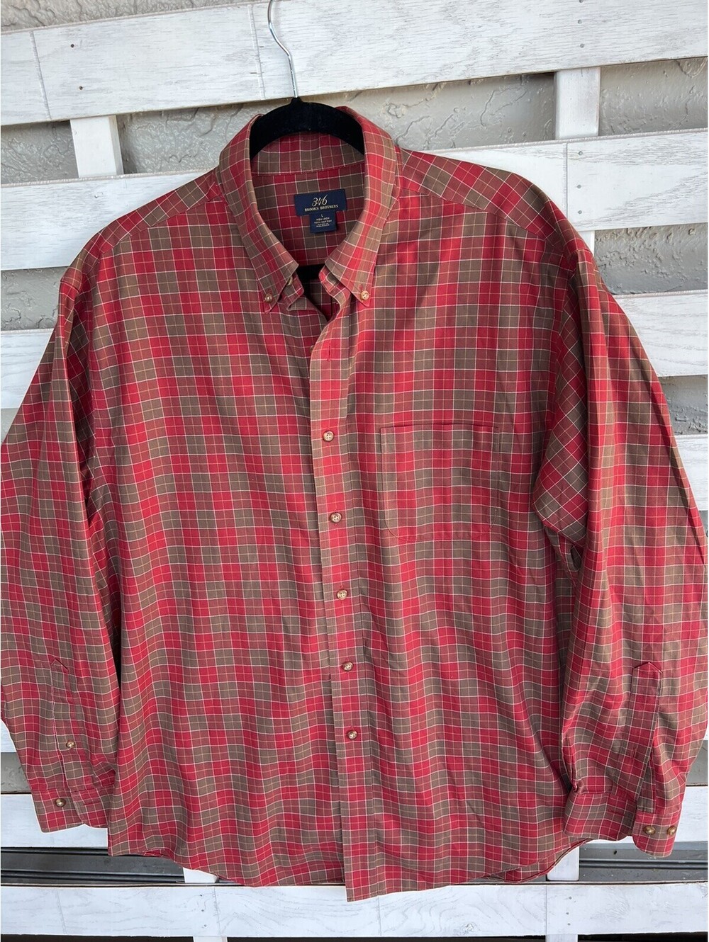 346 Brooks Brothers Shirt Mens L Red Plaid Button Up Cotton Old Money Non-Iron.
